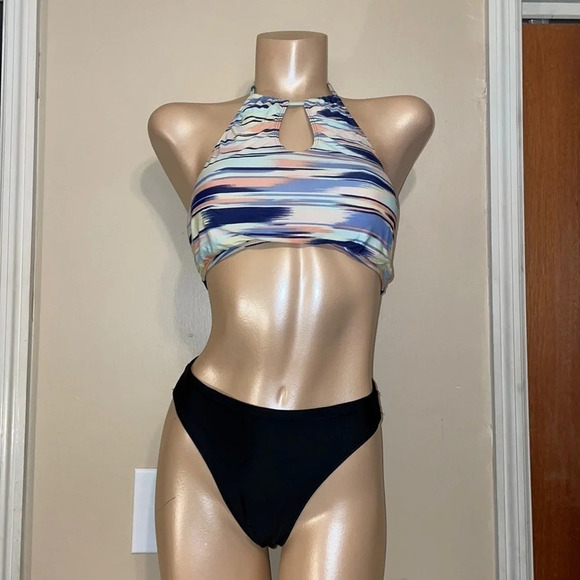 Roxy women’s bikini top large halter stripe bathing suit swim blue pink - Picture 2 of 9